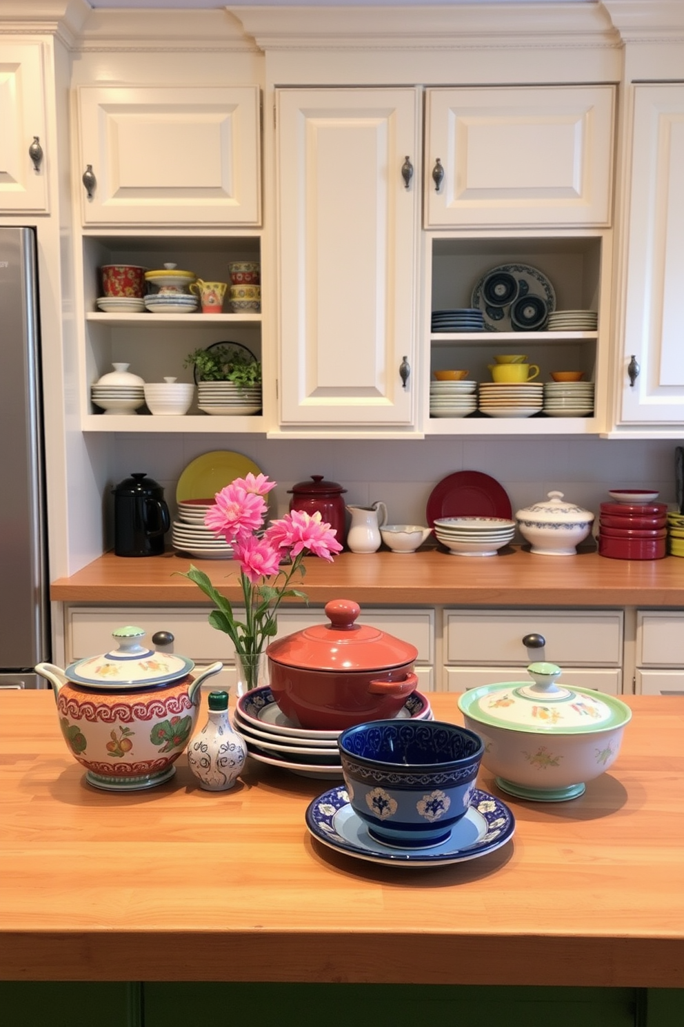 A traditional kitchen setting featuring colorful ceramic dishware adds a cheerful touch. The cabinets are painted in a soft cream color, and the countertops are made of warm wood, providing a cozy atmosphere.