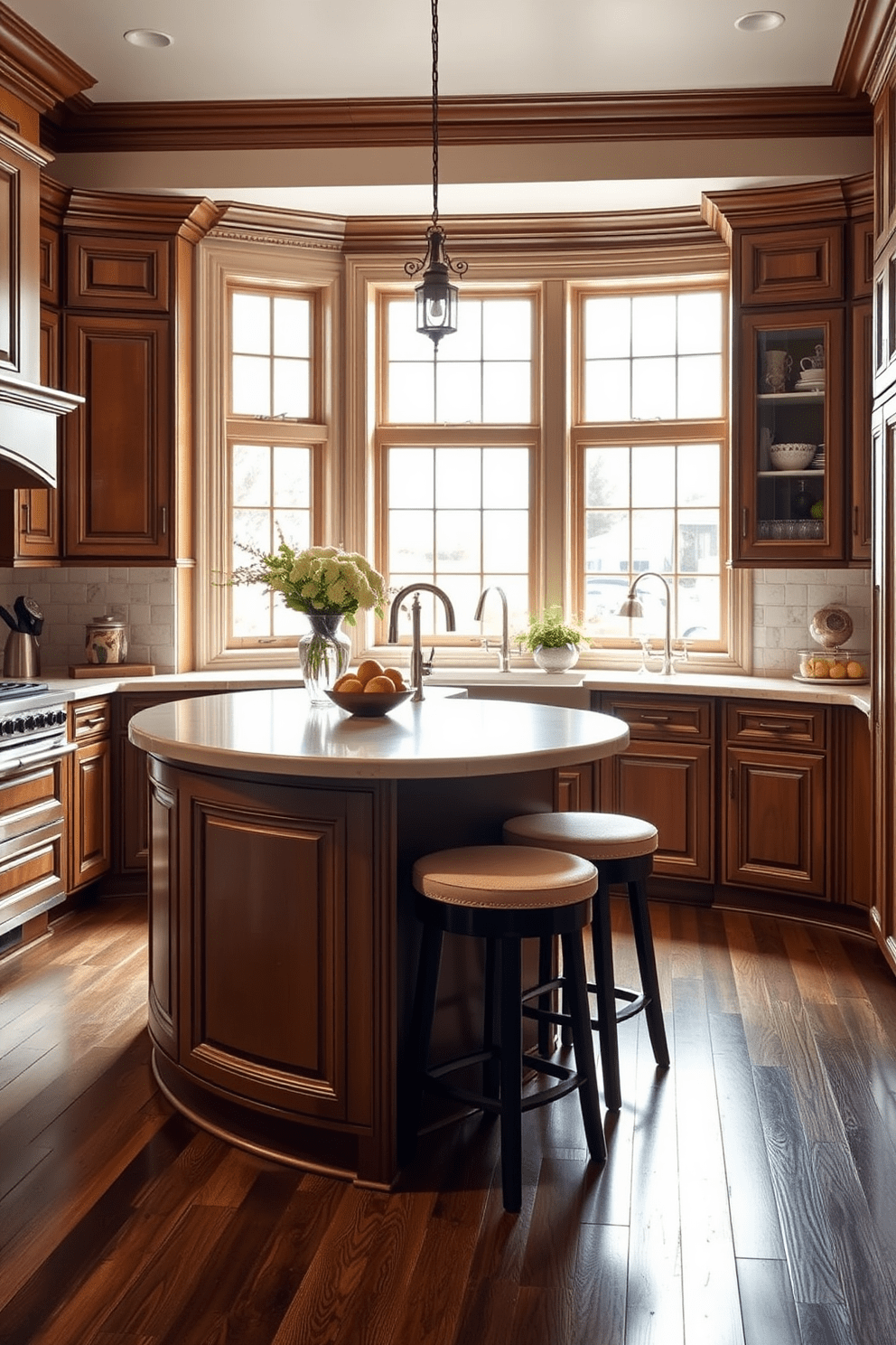 A curved kitchen island enhances the welcoming flow of the space, creating a natural gathering point for family and friends. The island features a smooth countertop with ample seating, encouraging conversation and connection in a traditional kitchen setting. Incorporate classic cabinetry with intricate moldings and a warm color palette to evoke a sense of timeless elegance. Complement the design with vintage-inspired fixtures and a cozy breakfast nook, inviting comfort and functionality.