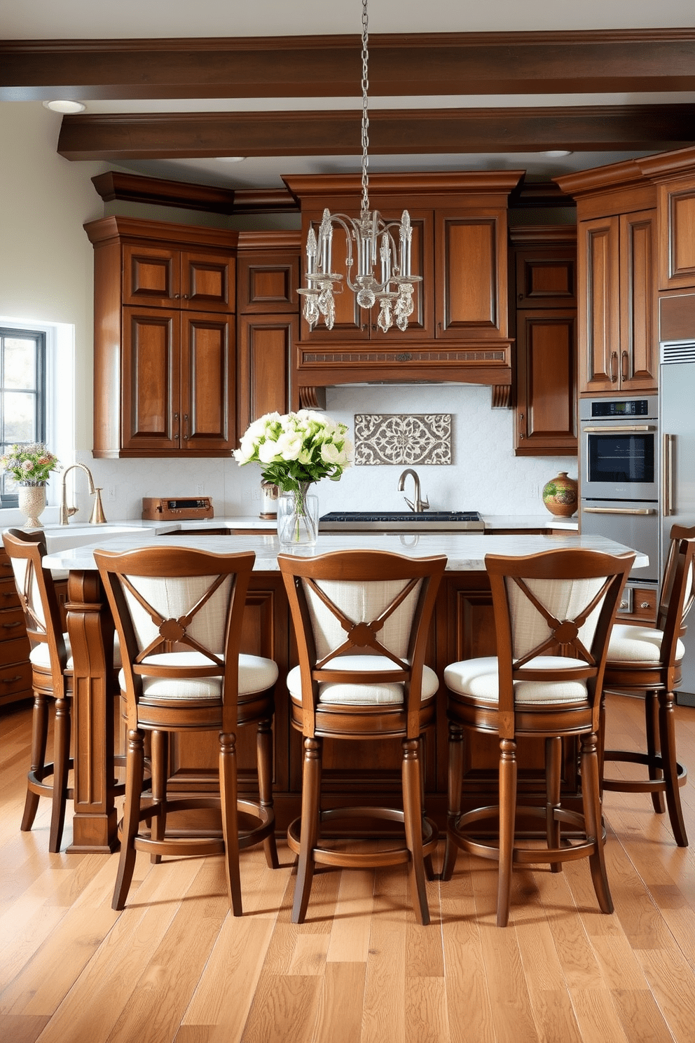 Classic bar stools with upholstered seats create a warm and inviting atmosphere in a traditional kitchen. The rich wood finish of the stools complements the cabinetry, while the soft fabric adds a touch of comfort and elegance. Surrounding a large kitchen island, these bar stools provide both functionality and style. The overall design features vintage-inspired elements, such as ornate cabinet hardware and a farmhouse sink, enhancing the classic charm of the space.