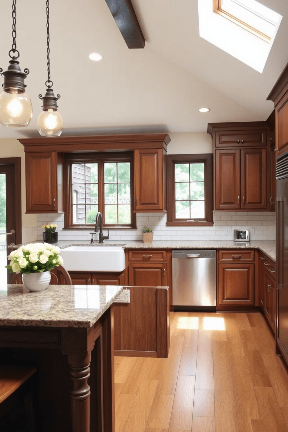 A traditional kitchen layout designed for optimal flow features a large central island with seating for four. The cabinetry is crafted from rich wood, complemented by a classic subway tile backsplash and granite countertops. In this kitchen, a farmhouse sink is positioned beneath a window, offering a view of the garden. The space is illuminated by vintage pendant lights hanging over the island, creating a warm and inviting atmosphere.