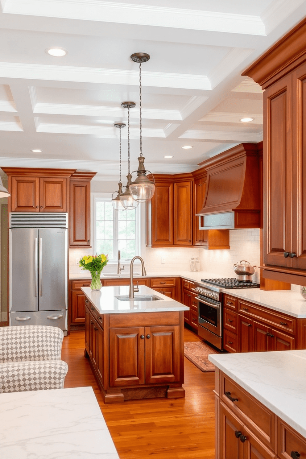 Crown molding adds elegance and sophistication to the kitchen while enhancing the perceived height of the ceiling. The warm color palette includes rich wood cabinetry paired with white marble countertops and a classic subway tile backsplash. The kitchen island features a large farmhouse sink and comfortable seating for casual dining. Pendant lights with vintage finishes hang above the island, adding a touch of charm and functionality.