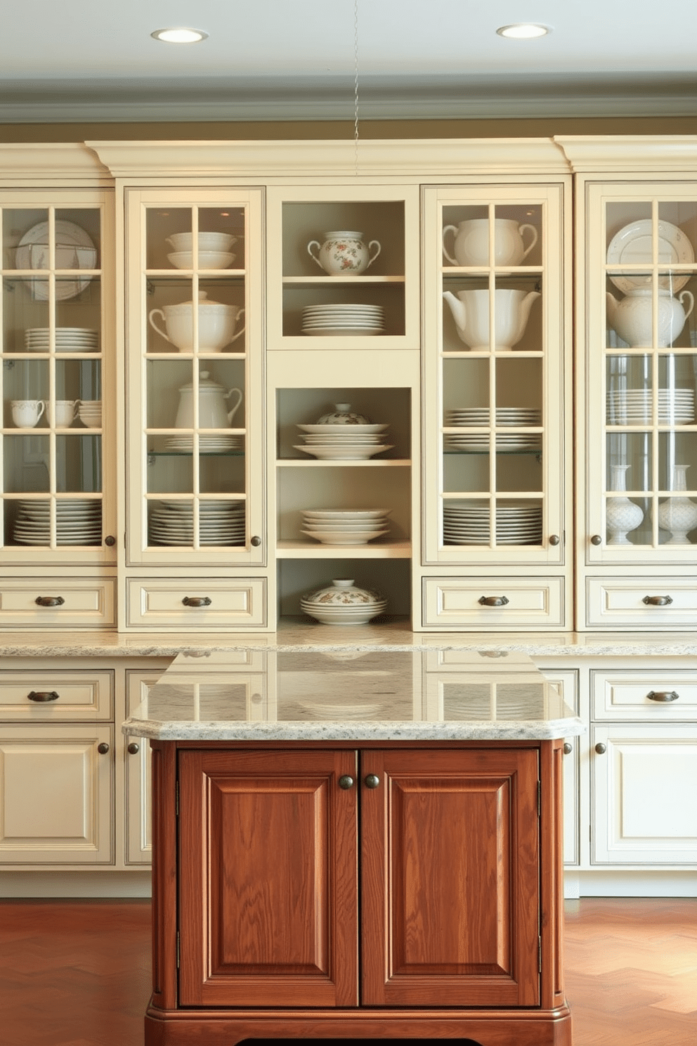 A traditional kitchen setting featuring elegant glass-front cabinet doors that showcase beautifully arranged dishware. The cabinets are painted in a soft cream color, complemented by a rich wooden island in the center, topped with a polished granite surface.