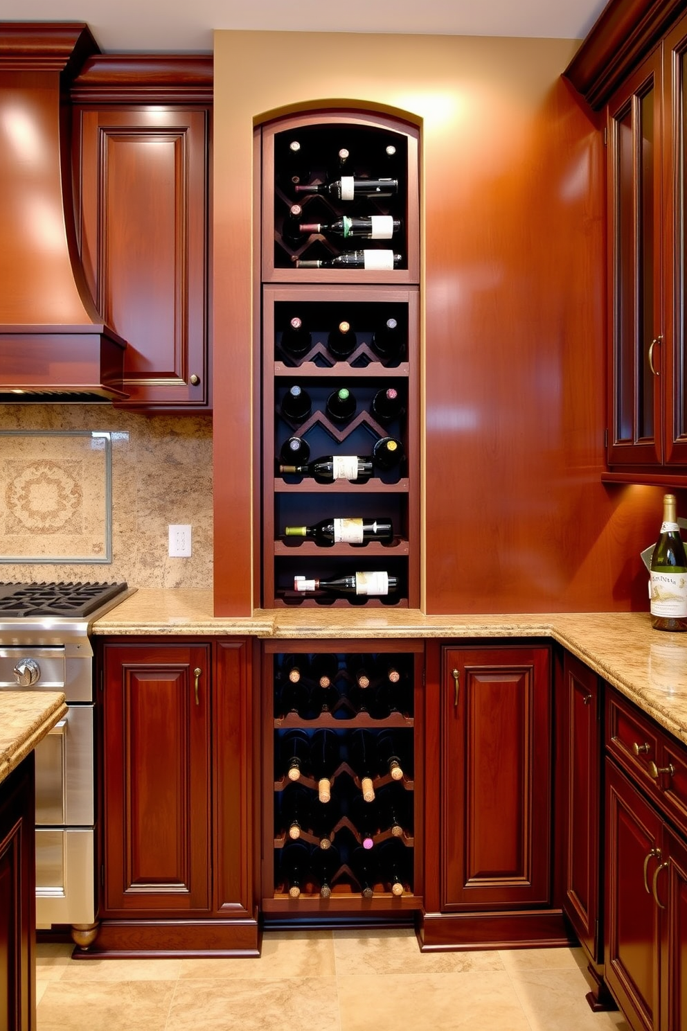 A traditional kitchen design featuring an integrated wine rack adds both functionality and elegance. The warm wooden cabinetry complements the classic style, while the wine rack is seamlessly built into the design, showcasing an array of fine wines.