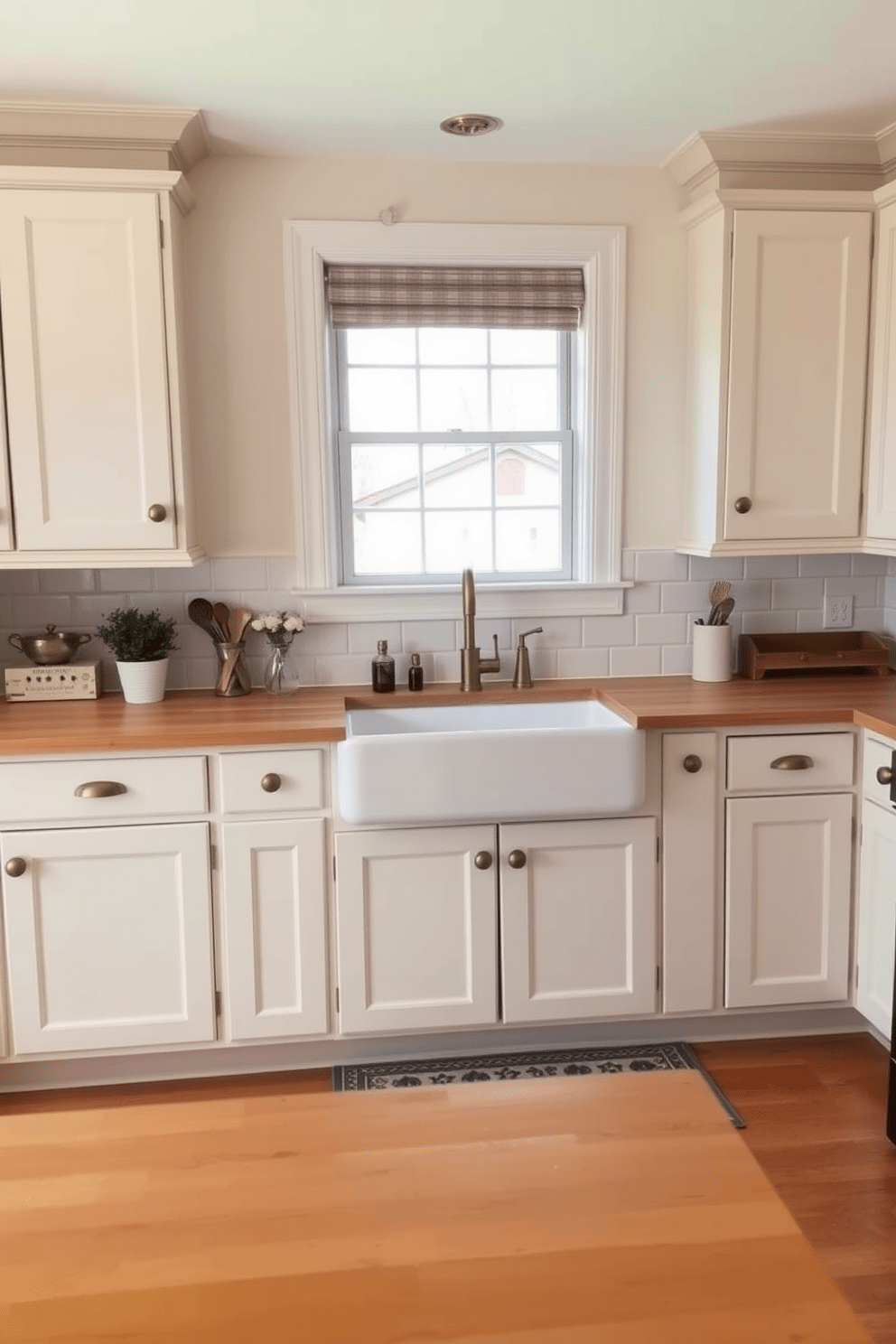 A traditional kitchen design featuring soft muted colors creates a cozy and inviting atmosphere. The cabinetry is painted in a gentle cream hue with antique brass hardware, while the countertops are a warm, light-colored wood. A large farmhouse sink is positioned beneath a window that lets in natural light, enhancing the room's warmth. The backsplash consists of classic white subway tiles, adding a timeless touch to the overall design.