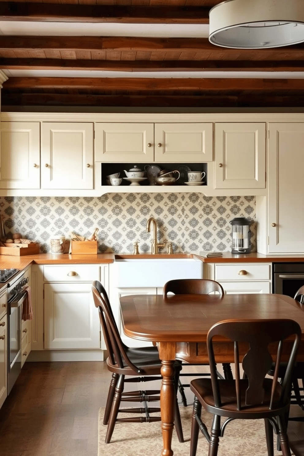 A traditional kitchen setting featuring an intricate tile backsplash adorned with vintage patterns. The cabinetry is painted in a soft cream color, complemented by polished brass hardware and a farmhouse sink. The countertops are made of rich, dark wood, providing a warm contrast to the light cabinetry. A large wooden dining table sits in the center, surrounded by mismatched vintage chairs, creating a cozy and inviting atmosphere.