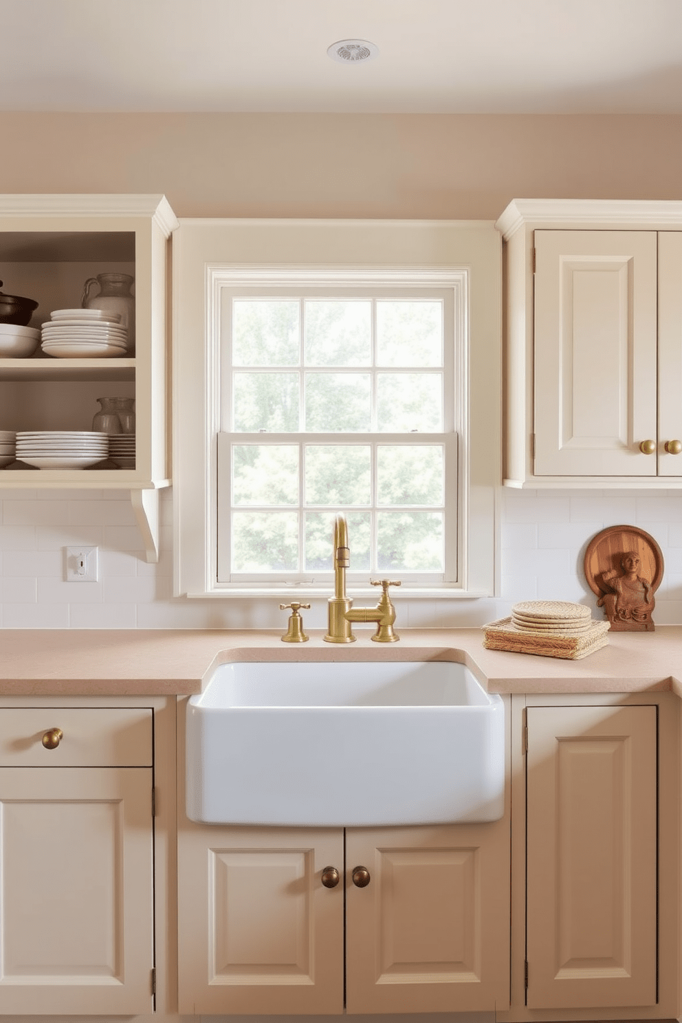 A charming kitchen featuring a farmhouse sink with a white apron front. Vintage fixtures in polished brass add a touch of elegance and warmth to the space. The cabinetry is painted in a soft pastel hue, complemented by open shelving displaying rustic dishware. A large window above the sink allows natural light to flood the room, enhancing the cozy atmosphere.