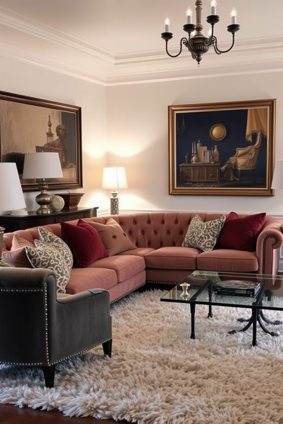 A classic tufted sofa is the centerpiece of this elegant living room. Surrounding it are stylish throw pillows in various textures and colors that enhance the sophisticated atmosphere. The walls are adorned with tasteful artwork, and a plush area rug anchors the space. Soft lighting from vintage lamps creates a warm and inviting ambiance throughout the room.