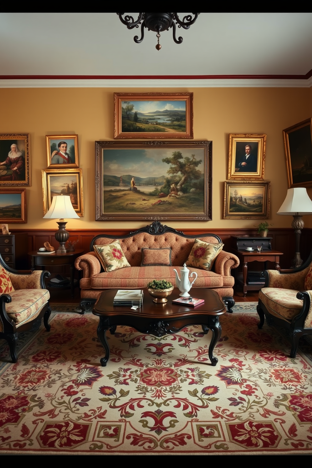 A traditional living room setting adorned with wall art featuring classic landscapes and portraits. The room is filled with rich, warm colors, complemented by elegant furniture pieces and intricate patterns. A plush sofa is positioned in the center, flanked by ornate armchairs. A vintage coffee table sits atop a beautifully patterned area rug, adding a touch of sophistication to the space.