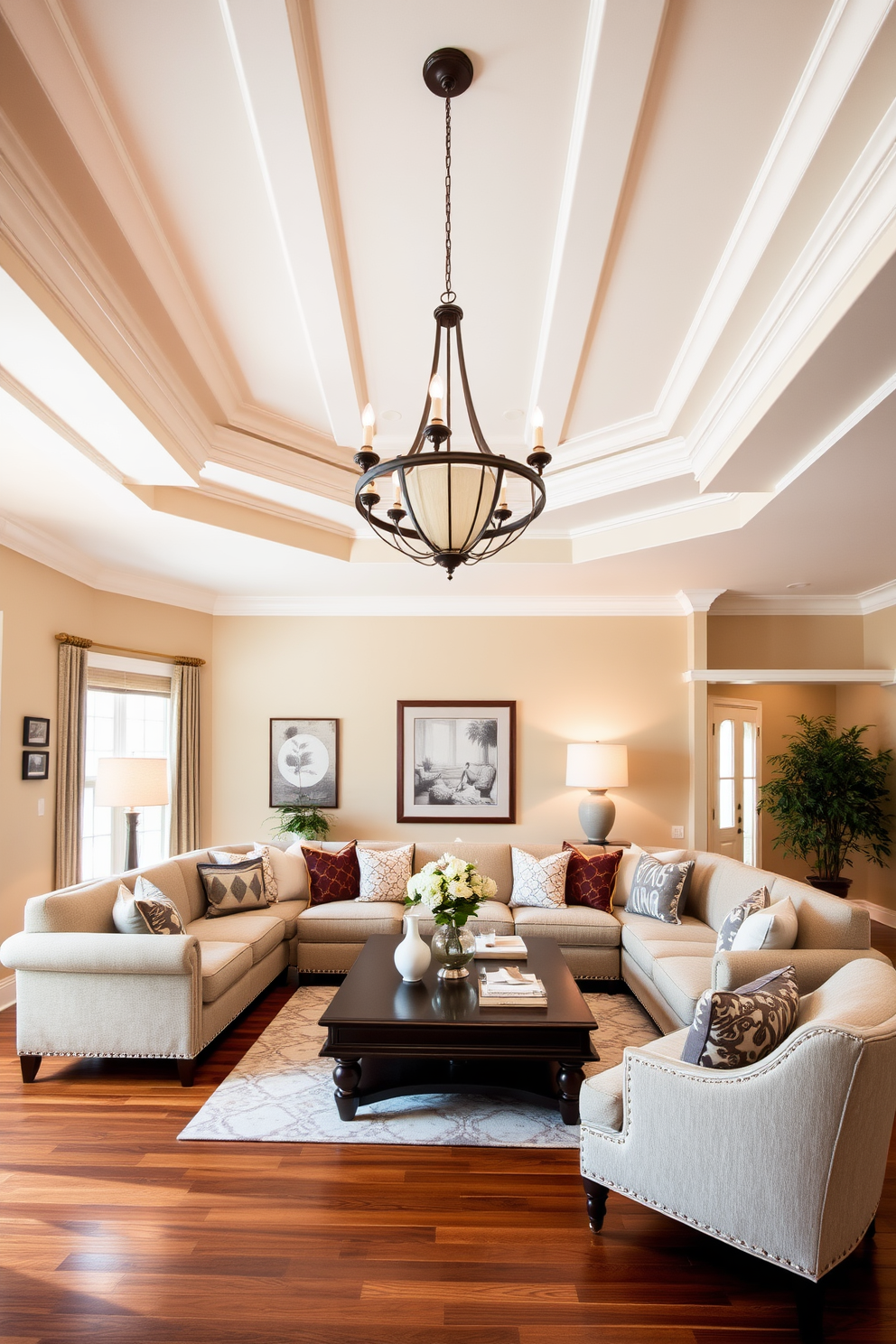 Crown molding elegantly frames the ceiling, adding a touch of sophistication to the space. The walls are painted in a warm neutral tone, complementing the rich hardwood flooring. A plush sectional sofa is arranged around a classic coffee table, inviting comfortable conversation. Decorative throw pillows in various textures and patterns enhance the cozy atmosphere while a statement chandelier hangs above, providing soft ambient lighting.