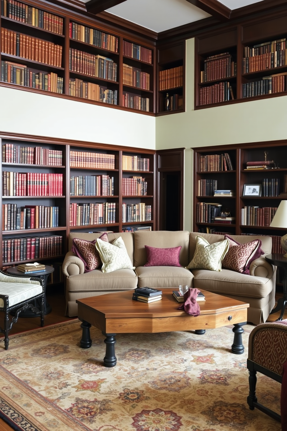 A traditional living room featuring elegant bookshelves filled with classic literature. The shelves are made of dark wood and extend from floor to ceiling, showcasing a variety of leather-bound volumes and decorative items. A plush, oversized sofa sits in the center of the room, adorned with rich fabrics and patterned throw pillows. A vintage coffee table made of reclaimed wood is positioned in front of the sofa, complemented by a large area rug that adds warmth to the space.