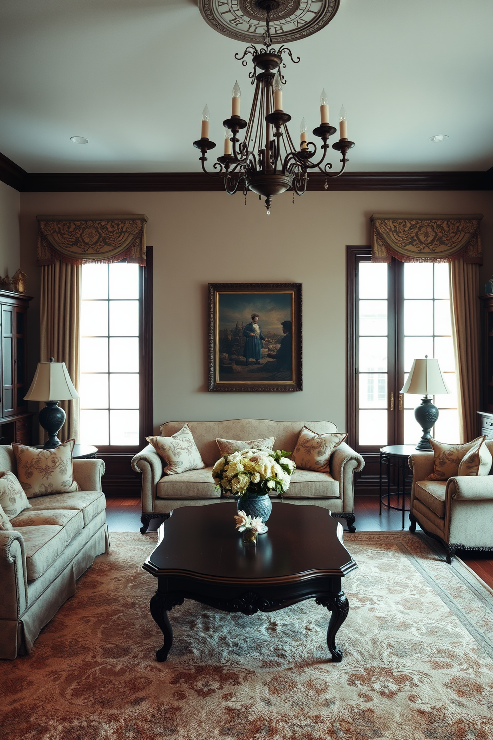 A traditional living room featuring subtle floral patterns on the upholstery fabrics. The sofas are elegantly arranged around a vintage coffee table, with a plush area rug anchoring the space. Warm, neutral tones dominate the color palette, complemented by rich wooden accents throughout the room. A grand chandelier hangs from the ceiling, casting a soft glow over the inviting atmosphere.