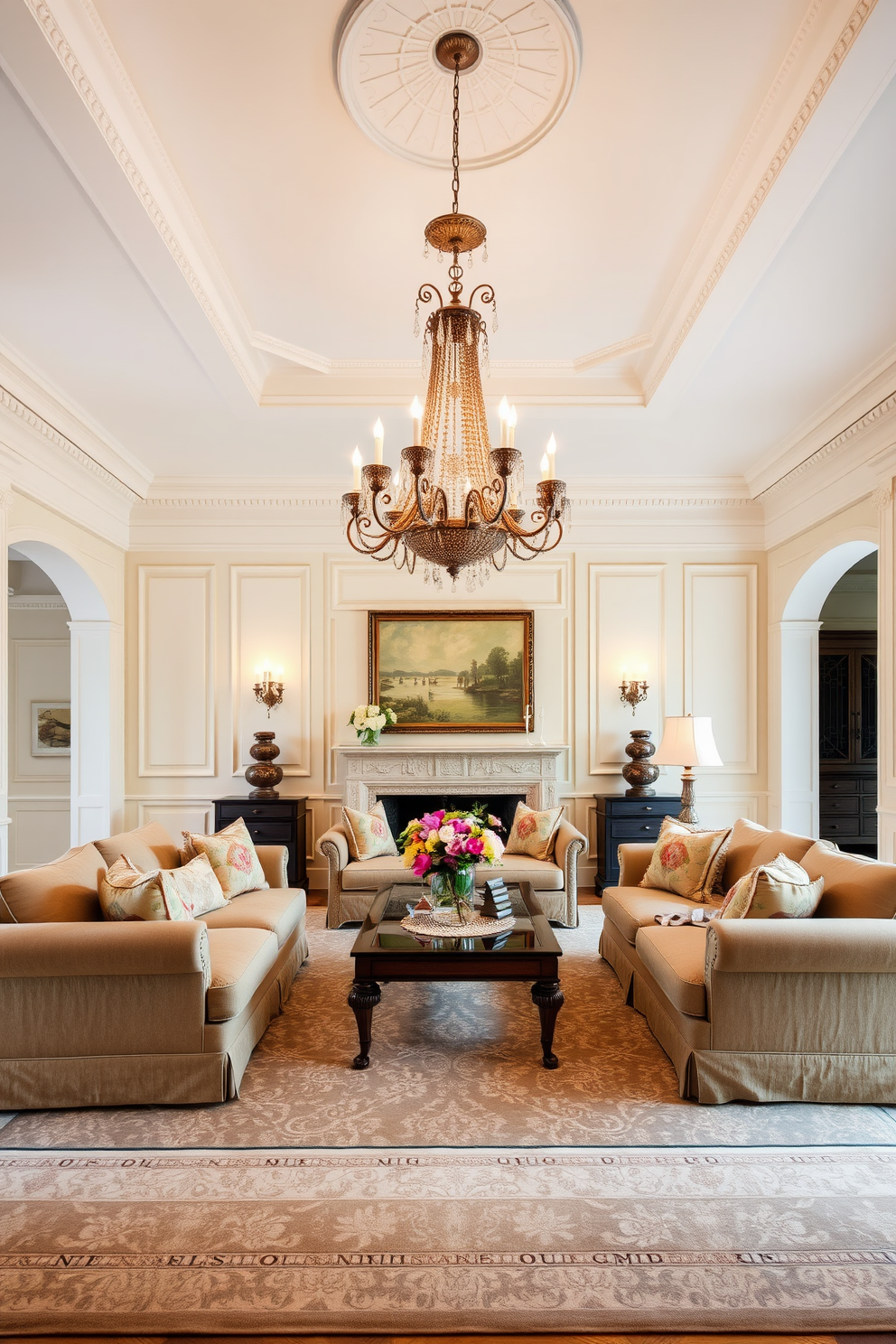 A grand chandelier hangs elegantly from the ceiling, casting a warm glow over the room. Plush sofas in rich fabrics are arranged around a classic coffee table, inviting comfort and conversation. The walls are adorned with intricate moldings and a soft, neutral color palette. A large area rug anchors the space, adding texture and warmth to the traditional living room design.