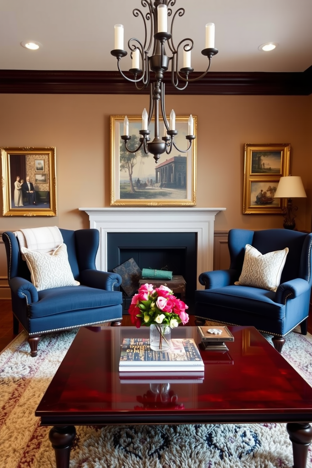 Classic wingback chairs upholstered in a rich navy fabric are placed opposite a polished mahogany coffee table. The room features warm beige walls adorned with elegant artwork, complemented by a plush area rug that adds texture underfoot. A vintage chandelier hangs from the ceiling, casting a soft glow over the seating area. Decorative throw pillows in coordinating patterns and colors are arranged on the chairs, inviting relaxation in this timeless living space.