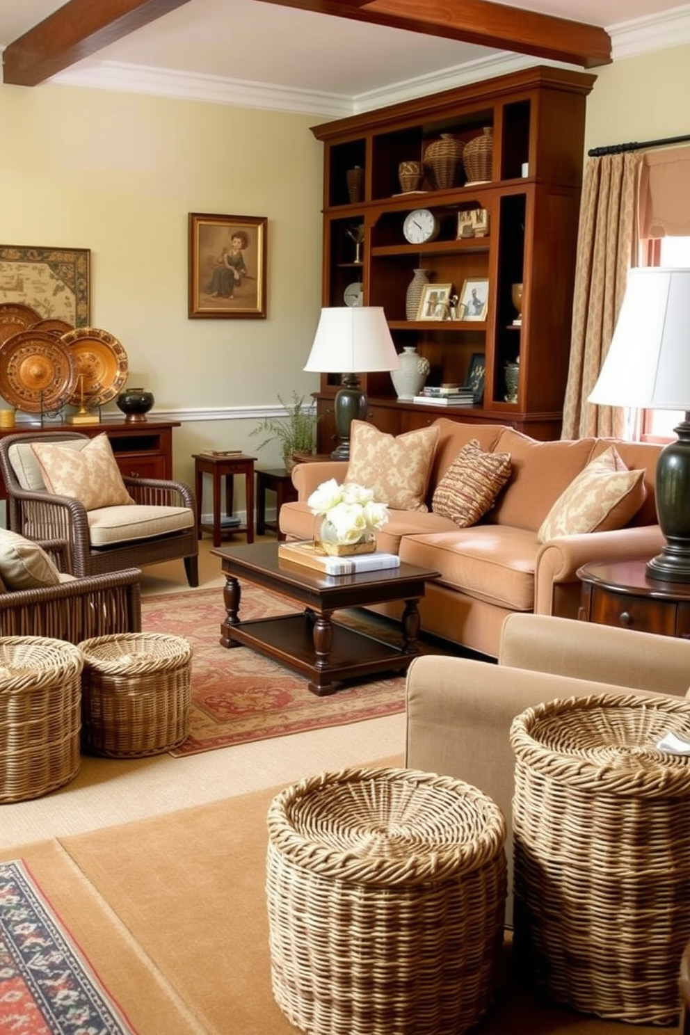 Woven baskets are placed strategically around the room to create stylish storage solutions. The living room features a cozy seating arrangement with a plush sofa and armchairs, complemented by a warm color palette. Rich wooden furniture adds a touch of elegance to the space, while patterned rugs define the seating area. Soft lighting from vintage-style lamps enhances the traditional charm of the room.