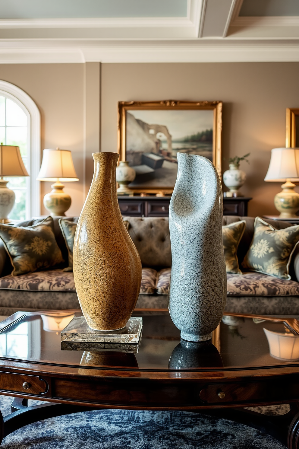 Sculptural vases as table centerpieces create a striking focal point in the room. The vases are elegantly shaped, showcasing unique textures and colors that complement the overall decor. Traditional living room design ideas focus on classic furnishings and rich fabrics. A plush sofa with intricate patterns pairs beautifully with antique coffee tables and warm, inviting lighting.