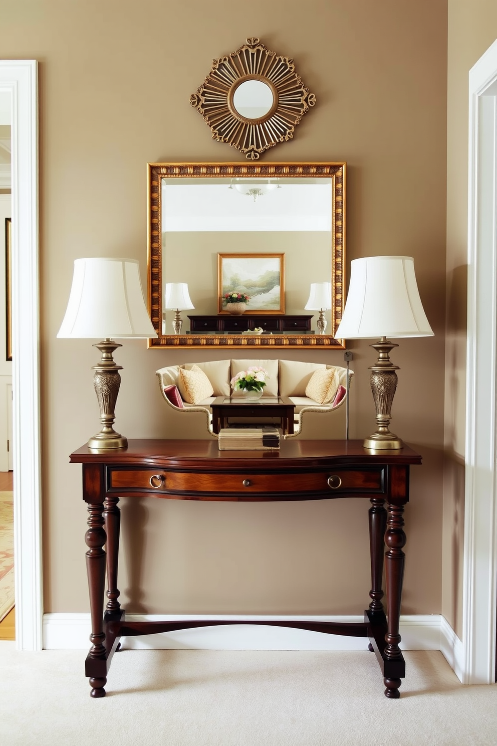 A traditional console table stands elegantly in the entryway. It is adorned with a decorative mirror above and flanked by two stylish lamps. The living room features a classic design with plush seating arranged around a central coffee table. Rich fabrics and warm colors create a cozy and inviting atmosphere.