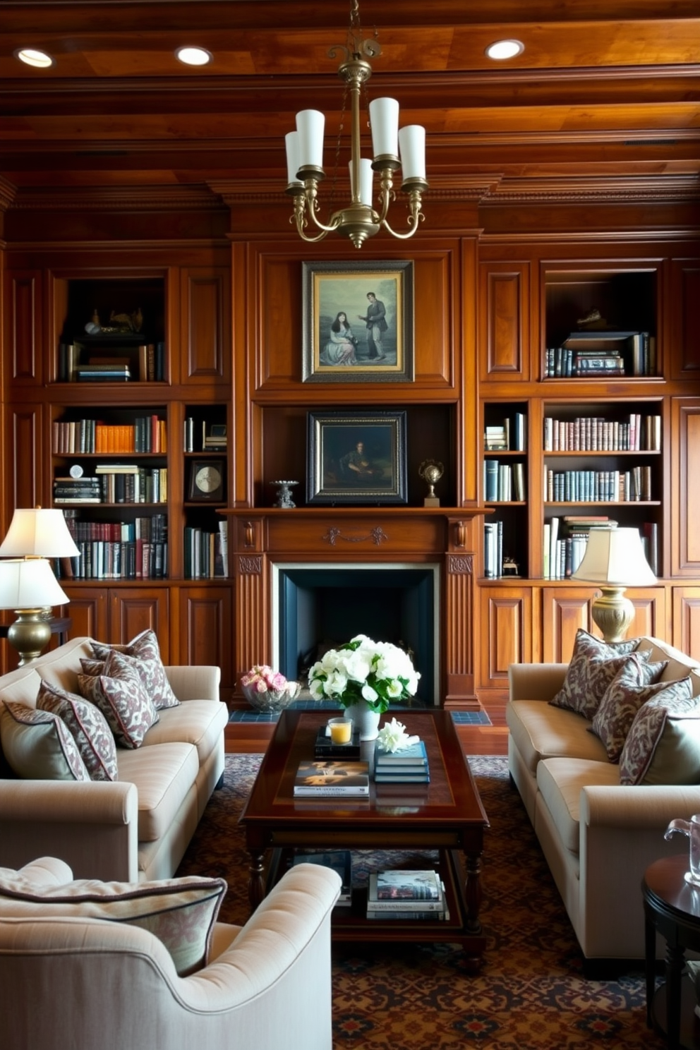 Rich wood paneling creates a warm and inviting ambiance in the living room. Plush seating is arranged around a classic coffee table, complemented by elegant decorative accents. A grand fireplace serves as the focal point, surrounded by built-in bookshelves filled with curated literature and art. Soft lighting from antique-style lamps enhances the cozy atmosphere, making it perfect for relaxation and entertaining.