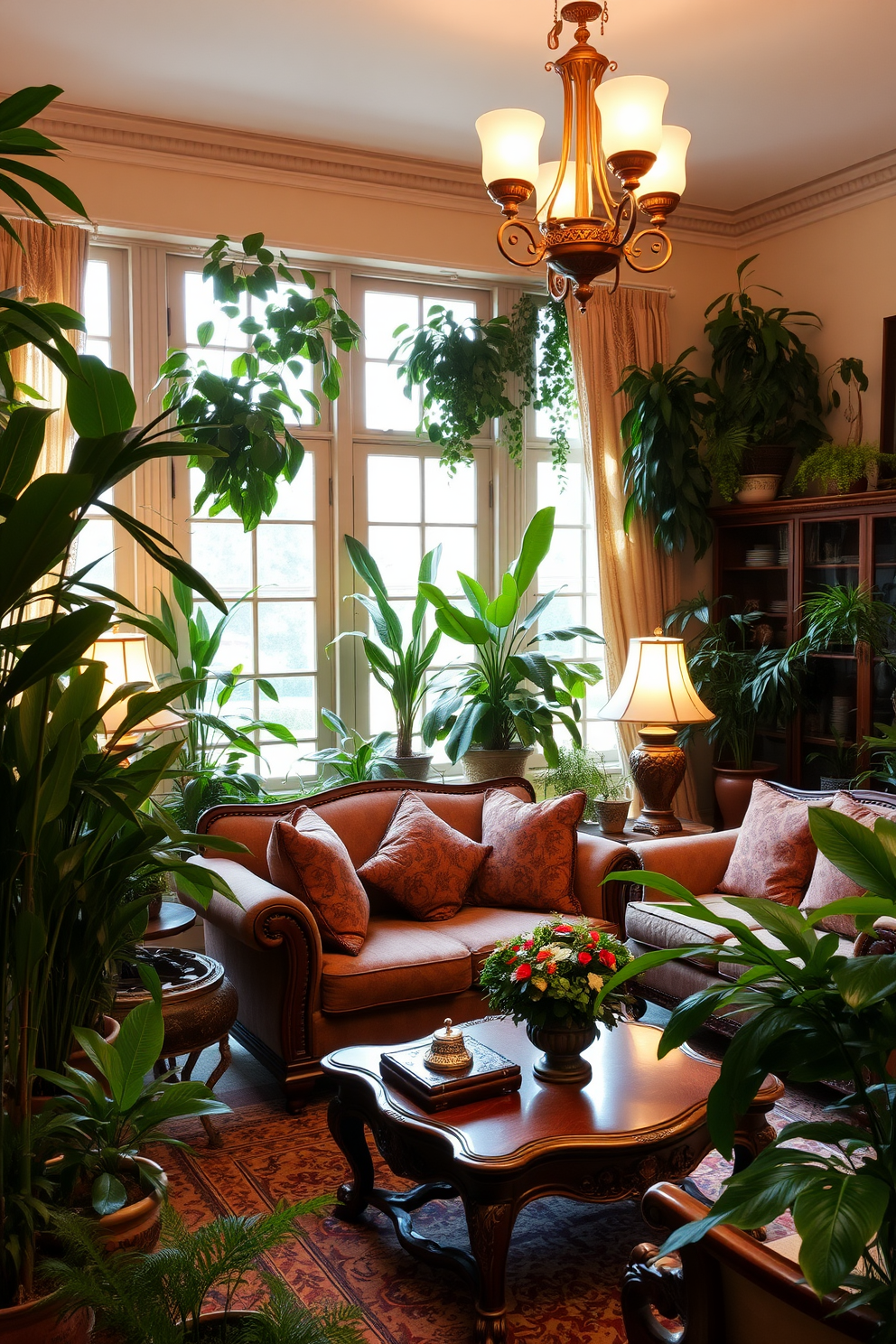 A traditional living room filled with lush greenery. Potted plants of various sizes are strategically placed around the room, enhancing the warm and inviting atmosphere. The furniture features a classic sofa upholstered in rich fabric, paired with ornate wooden coffee tables. Soft lighting from elegant lamps casts a cozy glow, highlighting the intricate details of the decor.