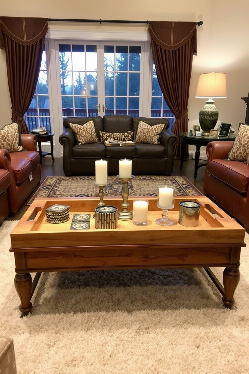 A stylish coffee table adorned with a decorative tray holds an assortment of coasters and candles. The tray is made of natural wood, complementing the rich hues of the traditional living room's upholstered furniture. In the background, a plush area rug anchors the seating arrangement, while elegant drapes frame the windows. The walls are painted in a warm cream, enhancing the cozy atmosphere of the space.