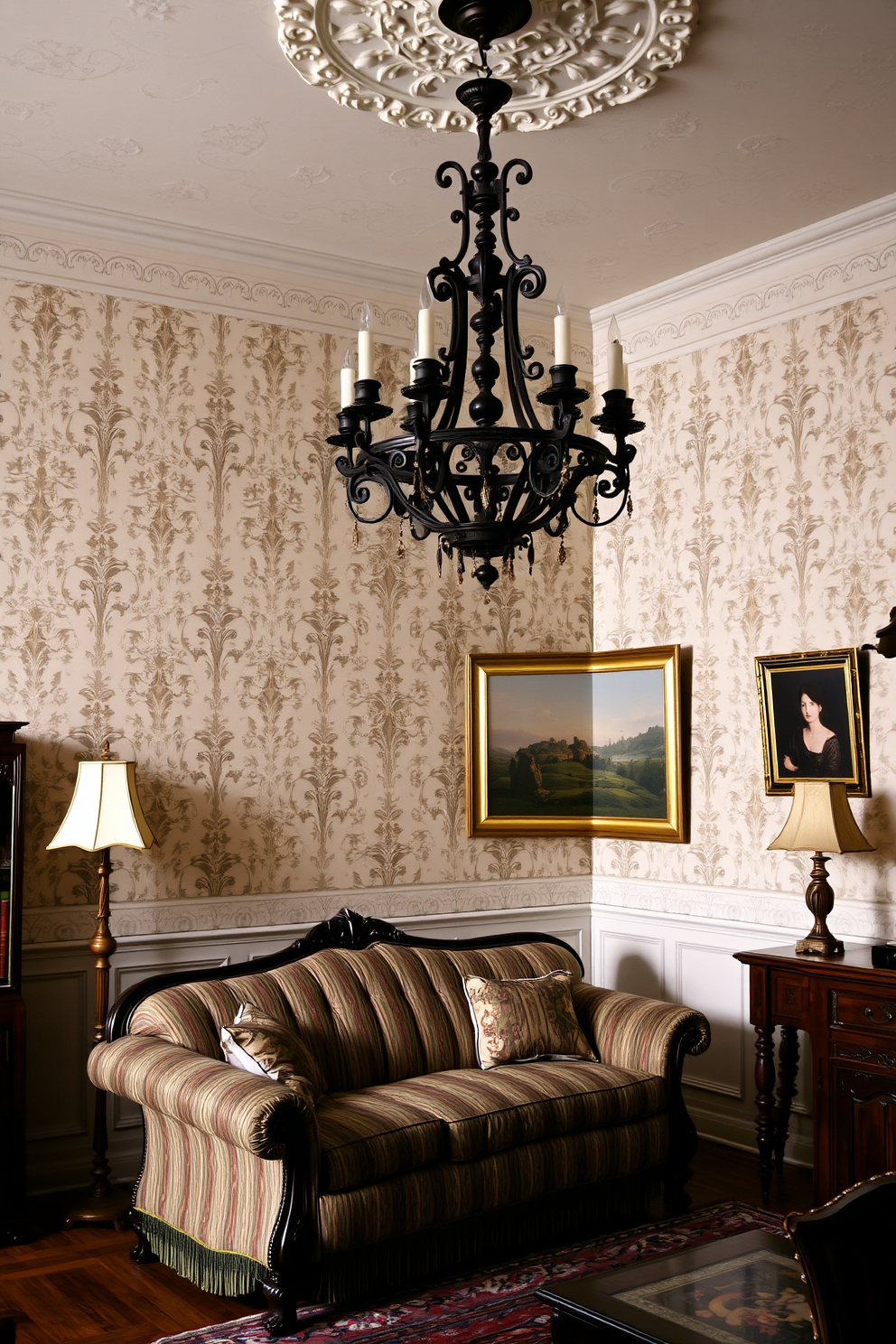 Elegant wallpaper with damask patterns adorns the walls of a traditional living room. The space features a plush sofa upholstered in rich fabric, complemented by ornate wooden furniture and a vintage chandelier hanging from the ceiling.