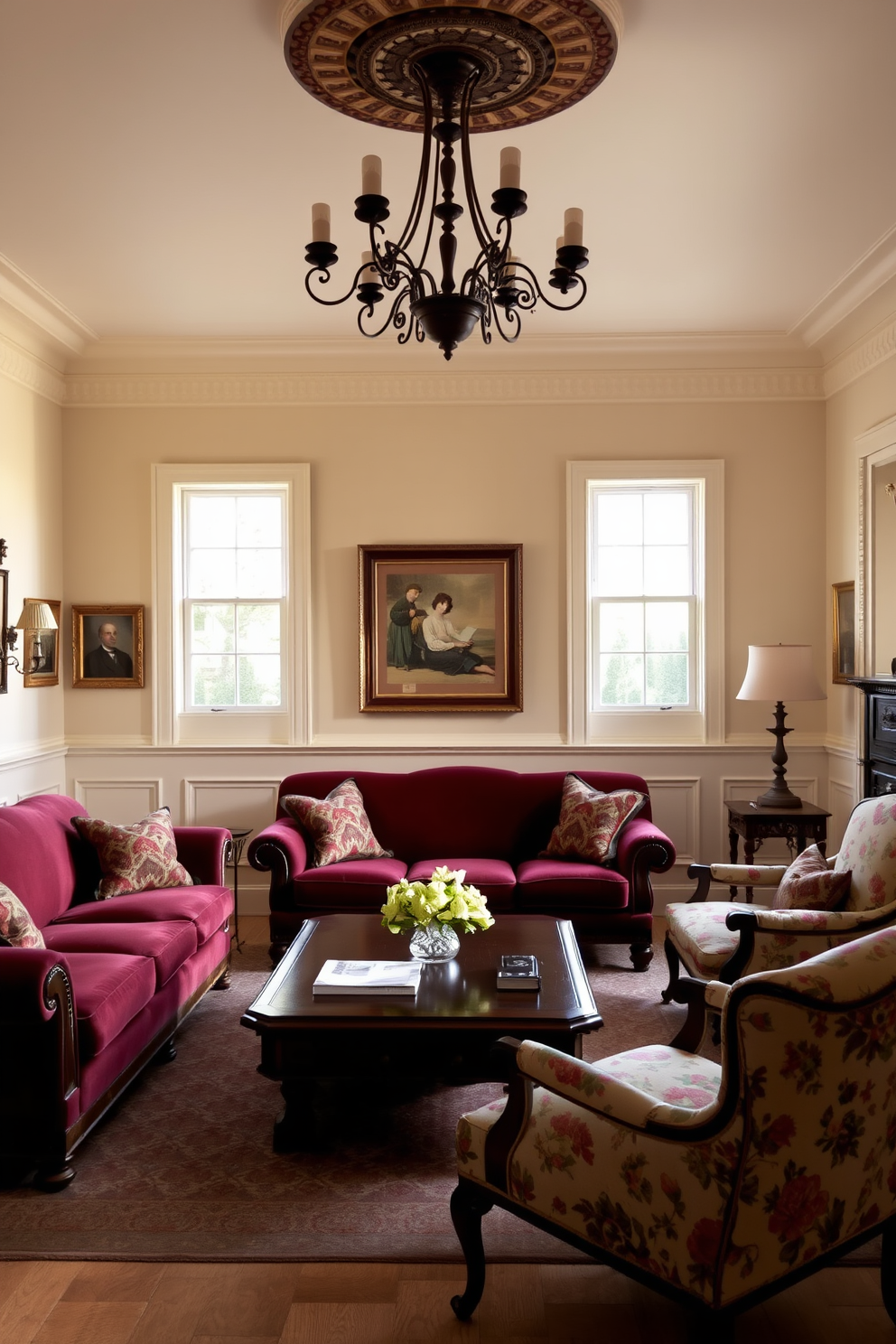 Soft lighting casts a warm glow over the traditional living room, enhancing the rich textures and colors of the furnishings. A large, plush sofa in deep burgundy is complemented by an ornate wooden coffee table and elegant armchairs upholstered in a floral pattern. The walls are adorned with classic wainscoting, painted in a soft cream color that brightens the space. A vintage chandelier hangs from the ceiling, surrounded by framed artwork that adds character to the room.