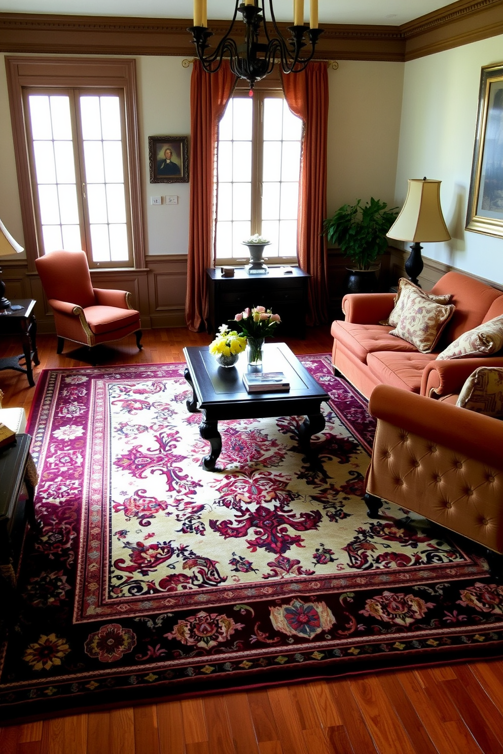 A beautiful area rug anchors the traditional living room, featuring intricate patterns and rich colors that complement the furniture. The rug is placed beneath a classic wooden coffee table, surrounded by plush sofas and armchairs in warm, inviting tones. The walls are adorned with elegant wainscoting and framed artwork, enhancing the room's timeless appeal. Soft lighting from vintage-style lamps creates a cozy atmosphere, inviting relaxation and conversation.