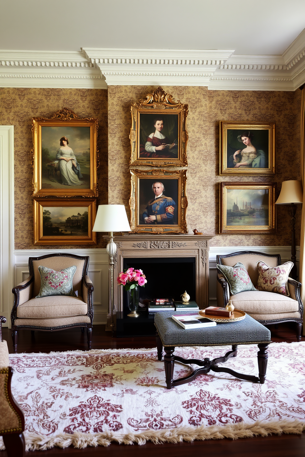 A traditional living room setting featuring elegant artwork displayed in ornate frames. The walls are adorned with rich wallpaper, and a plush, patterned area rug anchors the space.