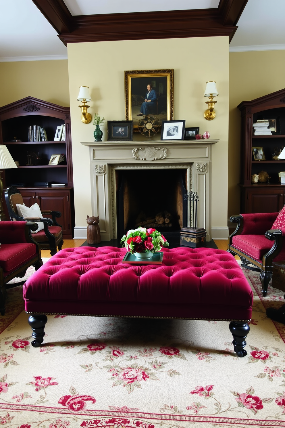 A traditional style ottoman upholstered in rich burgundy fabric sits in the center of a cozy living room. Surrounding it are ornate armchairs with intricate woodwork and a classic floral area rug that adds warmth and elegance to the space. The living room features a grand fireplace with a decorative mantel adorned with family photos and vintage accents. Soft lighting from brass sconces illuminates the room, creating an inviting atmosphere perfect for gatherings.