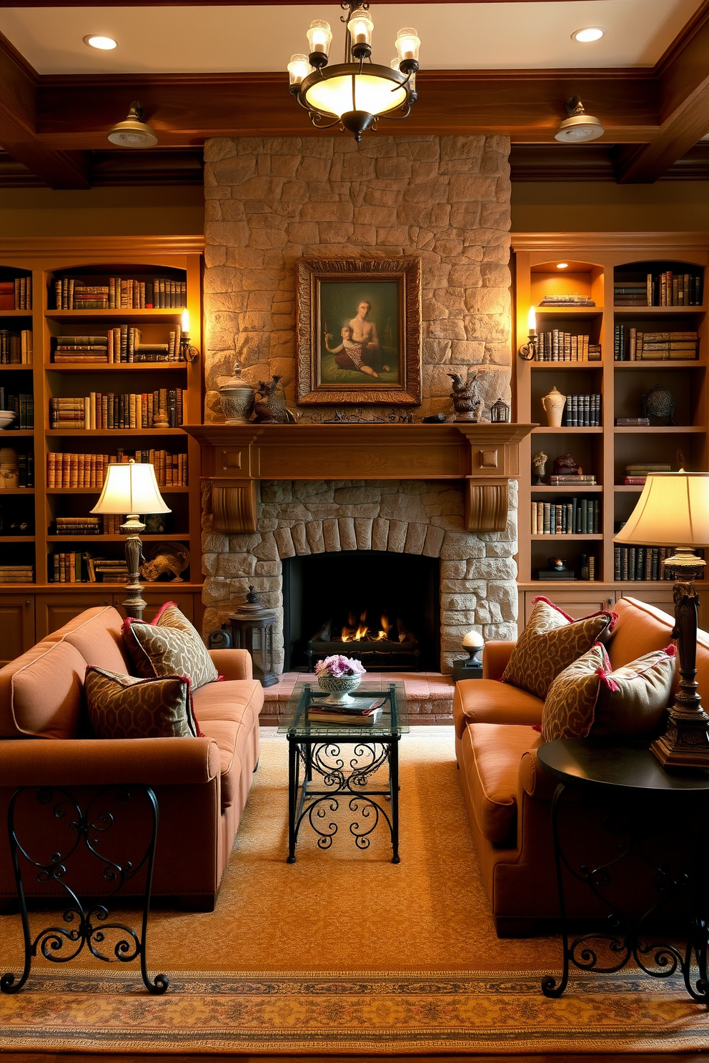 A traditional living room setting featuring wrought iron accents for a rustic touch. The room is adorned with a large, comfortable sofa upholstered in rich, earthy tones, complemented by a pair of wrought iron side tables. A grand fireplace with a stone surround serves as the focal point, flanked by built-in bookshelves filled with antique books and decorative items. Warm lighting from wrought iron sconces casts a cozy glow, enhancing the inviting atmosphere of the space.