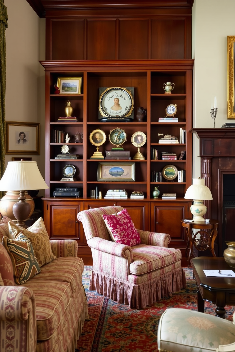 A traditional living room featuring family heirlooms displayed on elegant wooden shelves. The space is adorned with rich fabrics and classic furniture, creating a warm and inviting atmosphere.