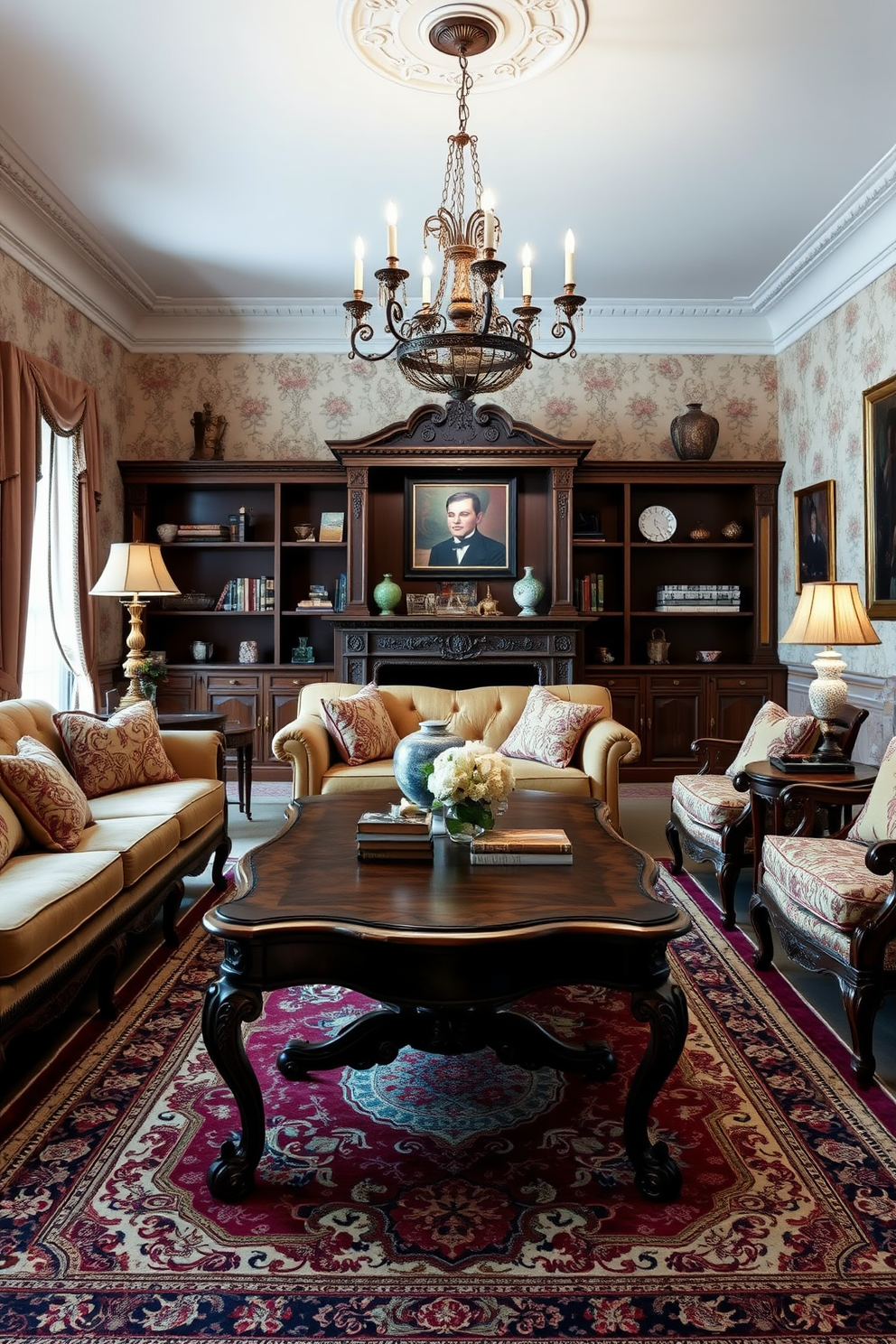 A traditional living room design featuring an antique coffee table as the focal point. Surrounding the table are plush sofas upholstered in rich fabrics, complemented by elegant armchairs with intricate woodwork. The walls are adorned with classic wallpaper in soft hues, and a vintage rug lies beneath the coffee table, adding warmth to the space. A grand chandelier hangs from the ceiling, casting a warm glow over the room, while decorative shelves display curated books and art pieces.