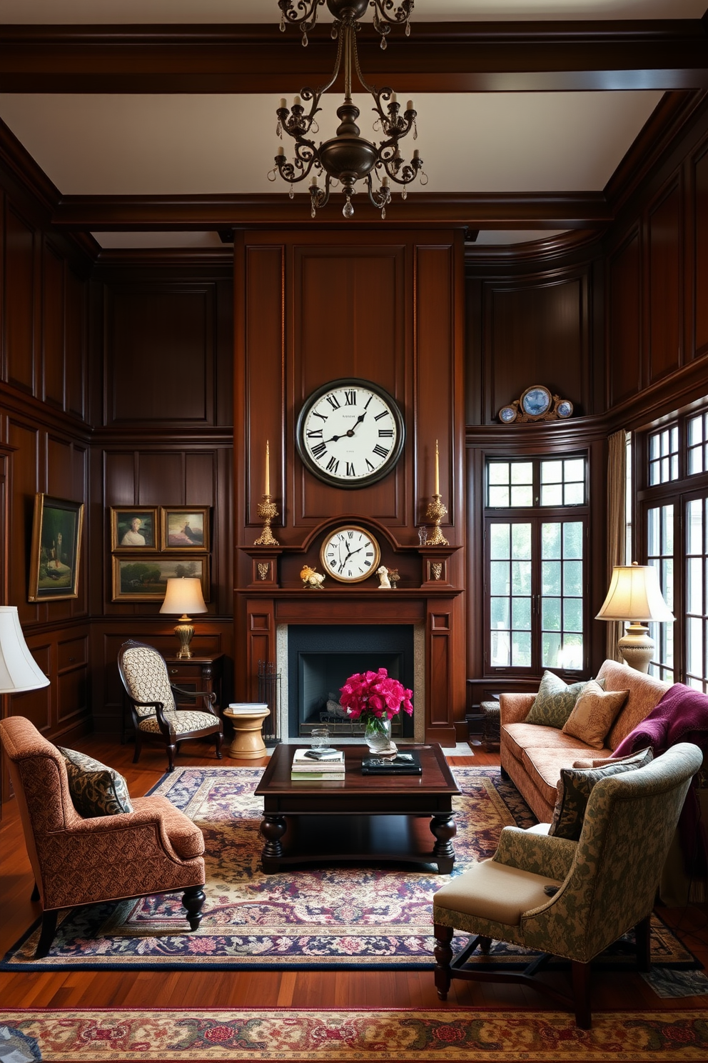 A timeless clock serves as the focal point in a traditional living room. The room features rich wood paneling, a plush area rug, and elegant upholstered furniture arranged around a classic fireplace. The walls are adorned with vintage artwork, and the color palette includes warm neutrals and deep jewel tones. A large bay window allows natural light to flood the space, enhancing the inviting atmosphere.