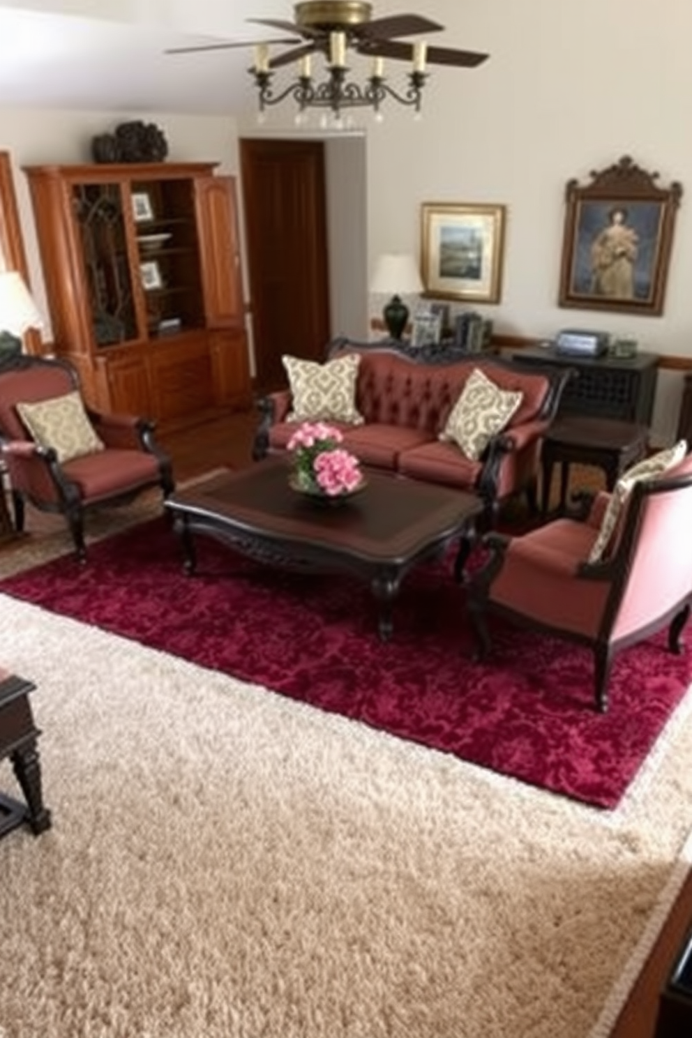 A traditional living room featuring layered rugs that add texture and warmth. The space includes a plush area rug in a rich, deep color layered over a larger neutral rug, creating a cozy and inviting atmosphere. Warm wooden furniture pieces complement the rugs, with a classic sofa adorned with patterned throw pillows. A vintage coffee table sits at the center, surrounded by elegant armchairs, enhancing the room's traditional charm.