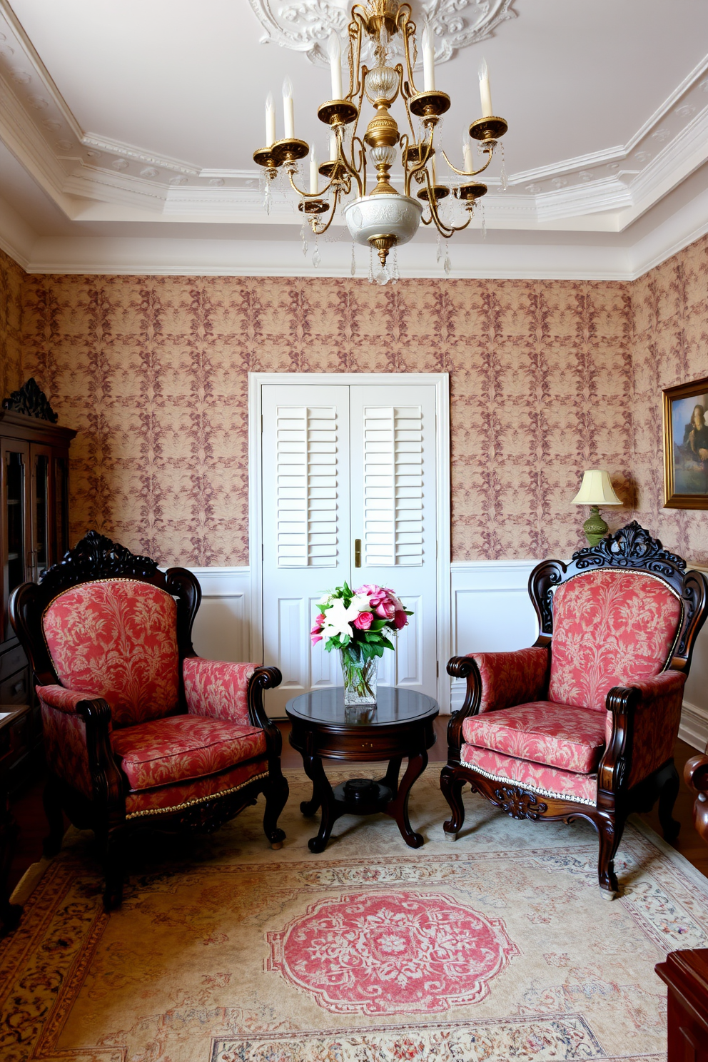 A traditional living room featuring two elegant armchairs with intricate carvings. The armchairs are upholstered in a rich fabric with a floral pattern, positioned around a polished wooden coffee table. The walls are adorned with classic wallpaper, and a grand chandelier hangs from the ceiling. A cozy area rug lies beneath the furniture, adding warmth to the space.