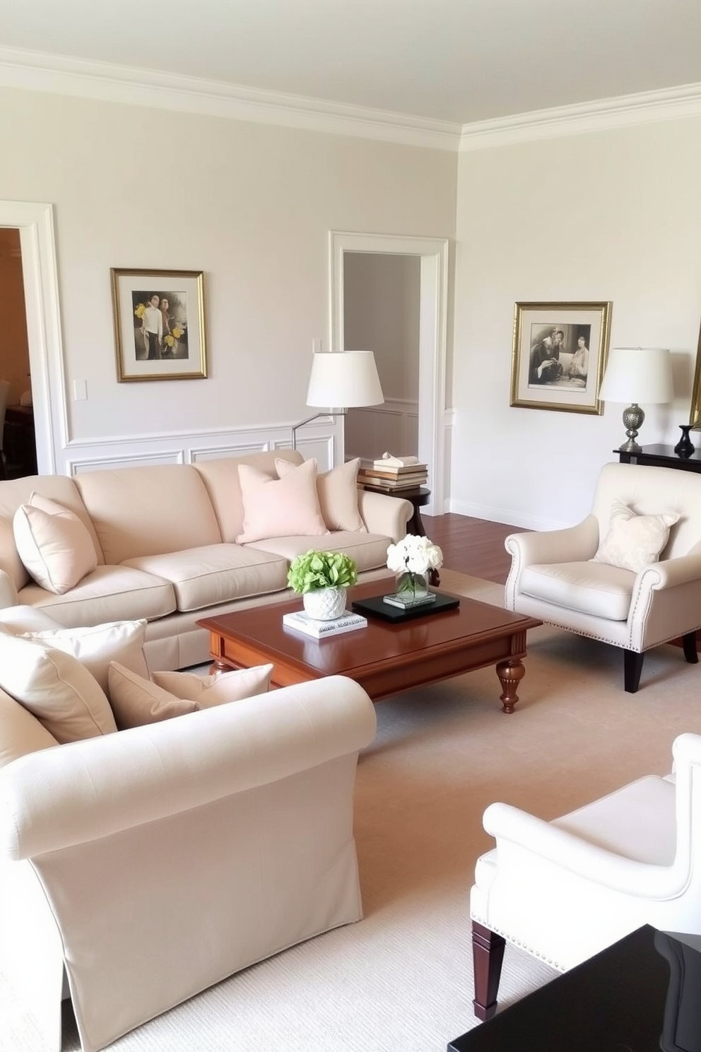 A traditional living room featuring a neutral color palette with soft accents. The space includes a plush beige sofa adorned with pastel throw pillows and a classic wooden coffee table in the center. On one side, a pair of elegant armchairs in a light fabric complements the sofa. The walls are adorned with framed artwork in muted tones, and a soft area rug anchors the seating arrangement.