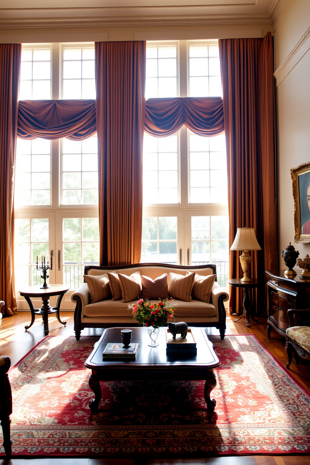 Elegant drapes frame large windows that allow natural light to flood the room. The drapes are made of luxurious fabric in a rich color, complementing the warm tones of the wooden furniture. The living room features a classic sofa adorned with plush cushions and a stylish coffee table at its center. An ornate area rug anchors the space, while tasteful artwork hangs on the walls, adding character and sophistication.