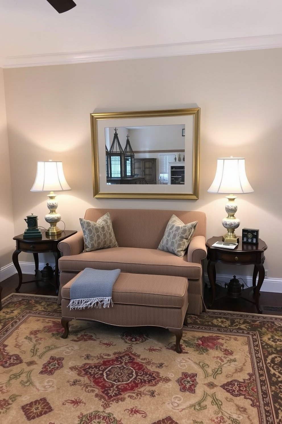 A cozy traditional living room showcases vintage side tables on either side of a plush sofa. Each side table is adorned with decorative lamps that emit a warm, inviting glow. The walls are painted in a soft beige, complementing the rich wood tones of the furniture. A large area rug with intricate patterns anchors the seating area, adding texture and warmth to the space.