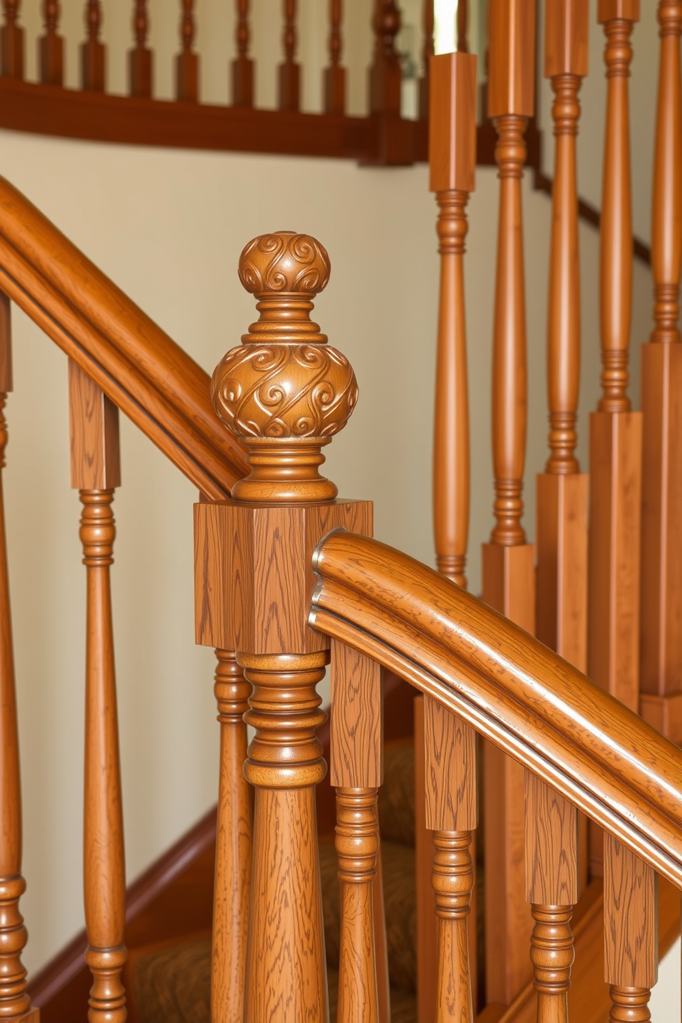 Elegant wooden handrails with detailed carvings adorn the staircase, providing a warm and inviting atmosphere. The staircase features a rich wood finish, complemented by intricate balusters that showcase craftsmanship and style.