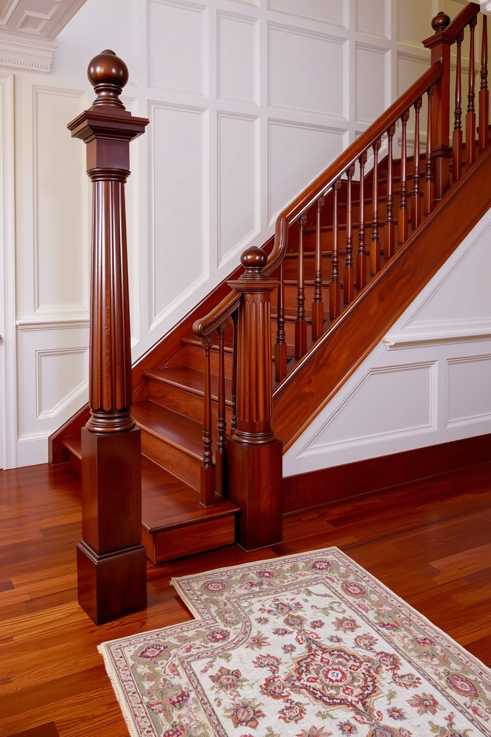 Classic newel posts with decorative caps stand proudly at the base of a grand staircase. The staircase features rich hardwood treads and a polished banister that complements the intricate detailing of the newel posts. The walls are adorned with elegant wainscoting, painted in a soft cream hue that enhances the traditional aesthetic. A beautiful runner rug, showcasing intricate patterns, stretches along the staircase, adding warmth and texture to the design.