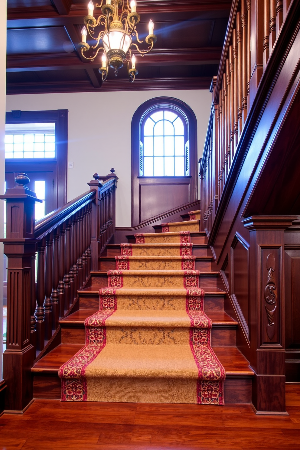 A traditional staircase featuring intricate woodwork along the sides showcases craftsmanship and elegance. The balustrades are adorned with detailed carvings, and the steps are finished with a rich mahogany stain that enhances the natural grain of the wood. The staircase is complemented by a classic runner rug that adds warmth and texture. Soft lighting from an ornate chandelier above highlights the beauty of the woodwork, creating an inviting atmosphere.