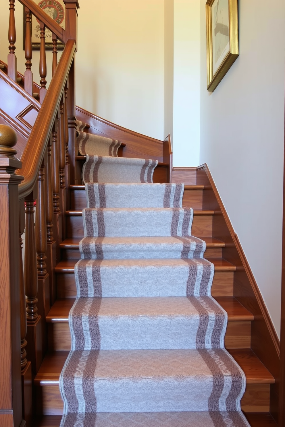 A traditional staircase features a geometric patterned stair runner that adds visual interest and texture. The runner is made of soft, durable fabric in a neutral color palette, complementing the rich wood tones of the staircase. The balustrade is elegantly crafted with turned spindles and a polished handrail that enhances the classic aesthetic. Soft lighting illuminates the staircase, creating a warm and inviting atmosphere.