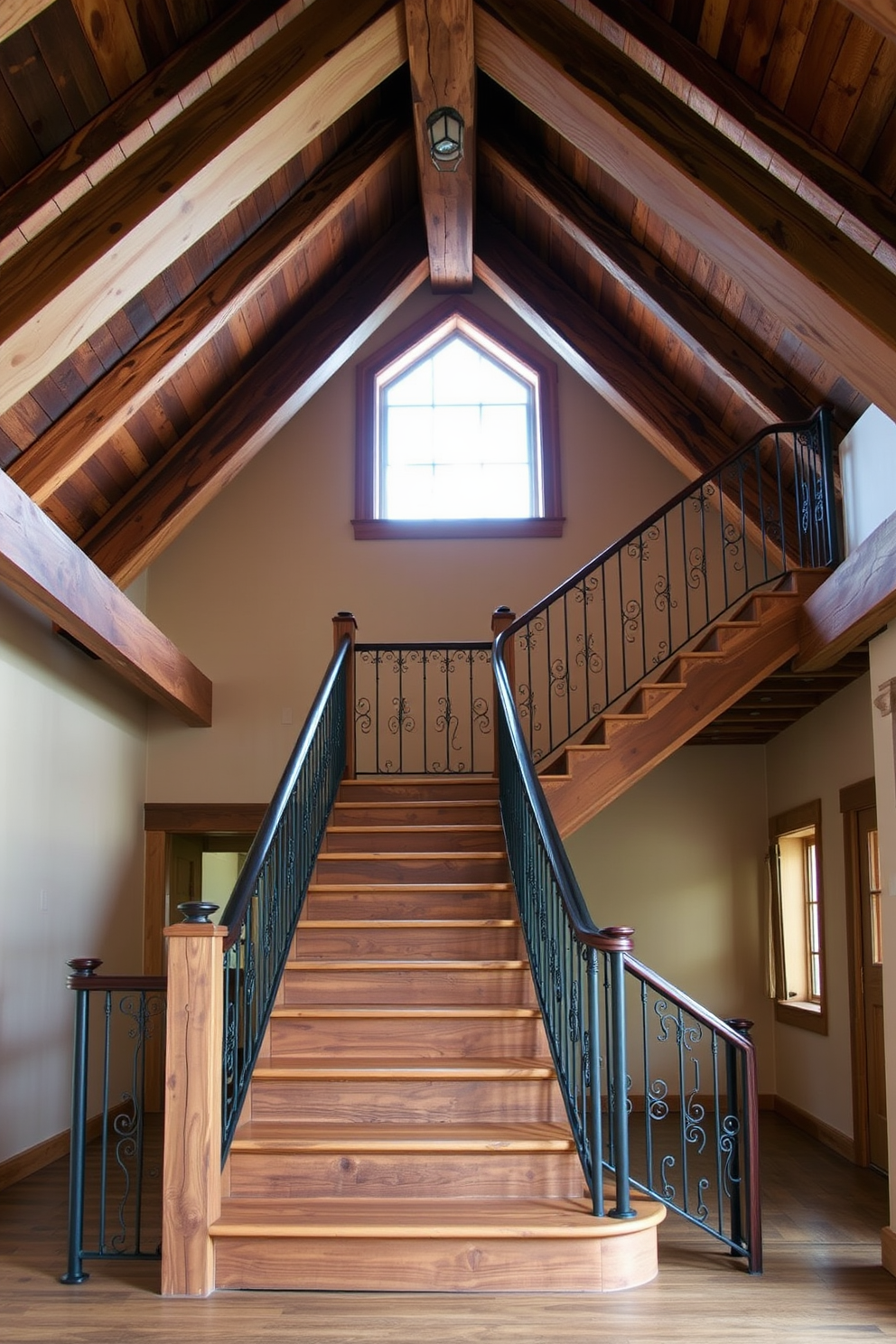 A rustic staircase design featuring exposed wood beams overhead. The staircase is crafted from reclaimed wood with wrought iron railings, creating a warm and inviting atmosphere.