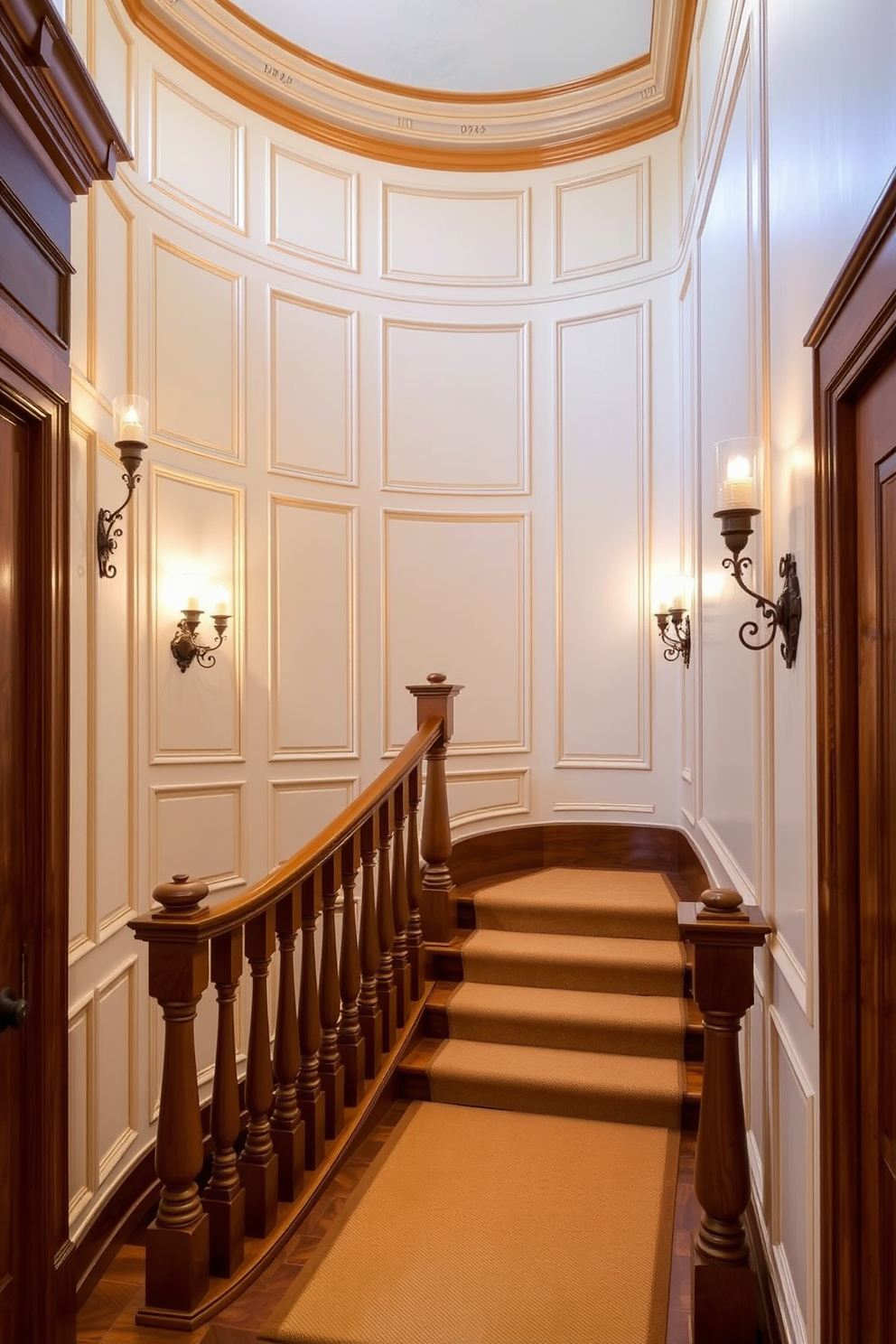 A stunning staircase area featuring elegant wall paneling that adds depth and character to the space. The staircase is adorned with a classic wooden banister and carpet runner, creating a warm and inviting atmosphere. The wall paneling is painted in a soft cream color, complementing the rich wood tones of the staircase. Decorative sconces are mounted on the walls, providing ambient lighting that highlights the intricate details of the design.