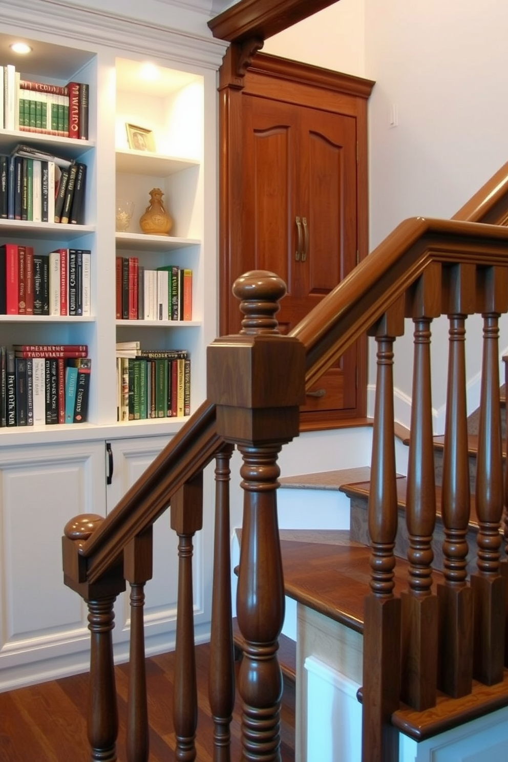 Charming built-in bookshelves flank a beautifully crafted wooden staircase. The shelves are filled with an array of colorful books and decorative items, creating a cozy and inviting atmosphere. The staircase features elegant balusters and a rich wooden handrail, enhancing the traditional aesthetic. Soft lighting illuminates the space, highlighting the craftsmanship of both the staircase and the bookshelves.