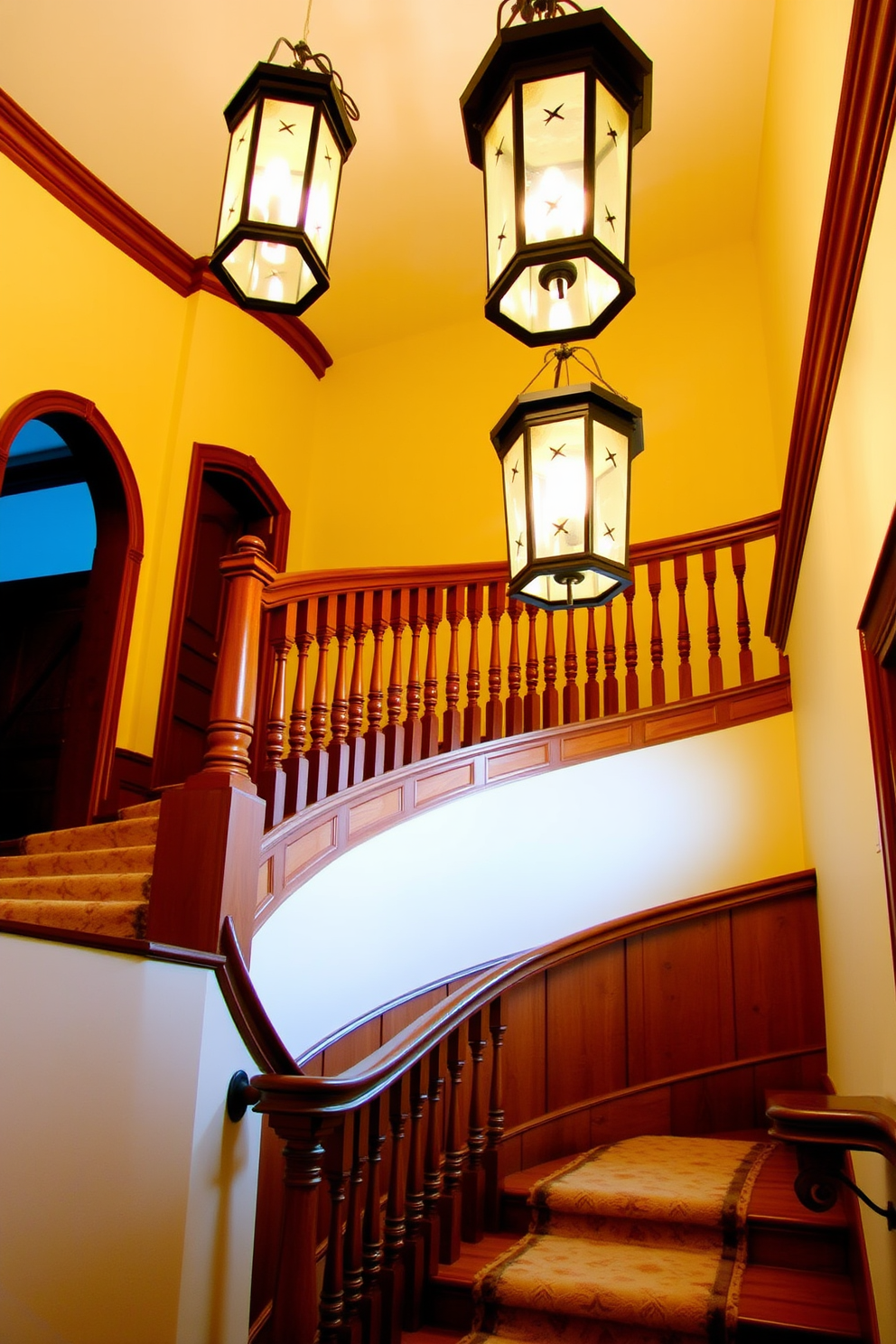 A warm and inviting entryway features traditional lanterns hanging gracefully from the ceiling. The soft glow of the lanterns illuminates the rich wood tones of the staircase below, creating a welcoming ambiance. The staircase showcases intricate balustrades and a polished wooden handrail that curves elegantly. Each step is adorned with a plush runner that adds a touch of luxury and comfort to the traditional design.