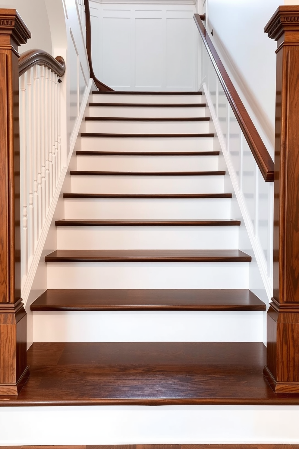 Classic white risers with dark treads create a timeless staircase that enhances the elegance of any home. The contrast between the bright risers and the rich dark treads adds depth and sophistication to the traditional design. Surrounding the staircase, polished wooden railings provide a warm touch that complements the overall aesthetic. Soft, ambient lighting illuminates the steps, highlighting the craftsmanship and inviting a sense of comfort.