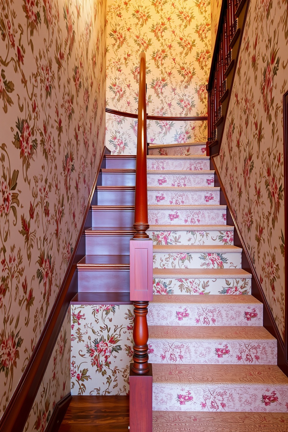 A charming staircase adorned with vintage wallpaper that features intricate floral patterns. The staircase itself has a classic wooden banister and a rich mahogany finish, creating a warm and inviting atmosphere. The vintage wallpaper adds character and elegance, complementing the traditional design of the staircase. Soft lighting illuminates the space, highlighting the beautiful details of the wallpaper and the craftsmanship of the staircase.