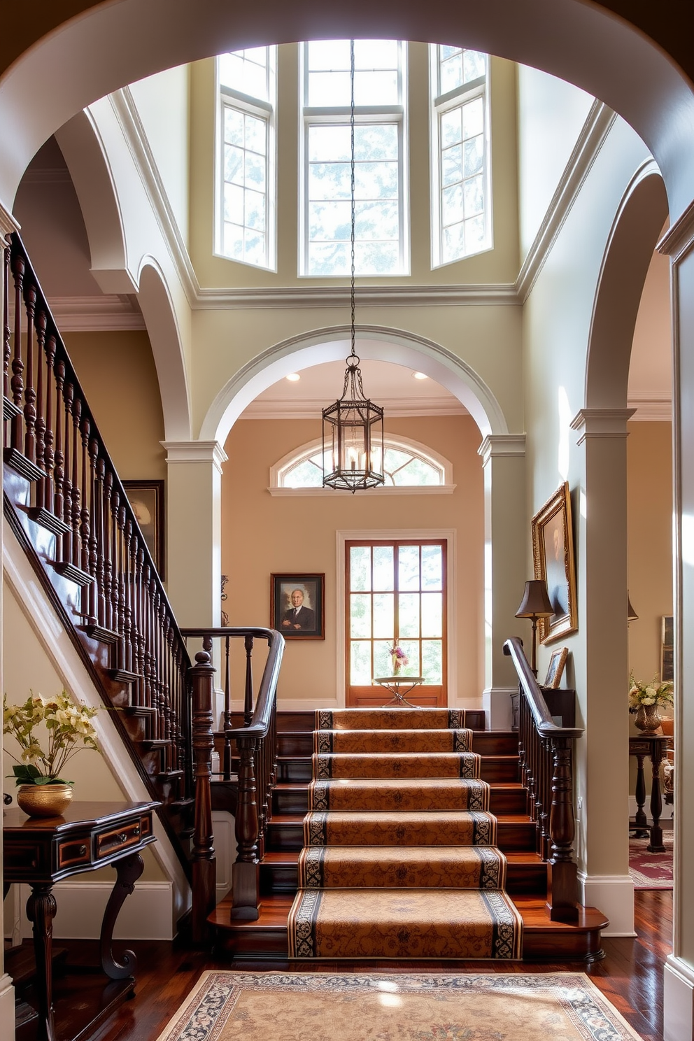 A grand staircase is framed by classic archways that add elegance to the entryway. The staircase features rich wooden steps with intricate balustrades and a plush runner that complements the overall decor. Natural light filters through large windows above, illuminating the space and highlighting the architectural details. The walls are adorned with tasteful artwork, enhancing the traditional feel of the home.