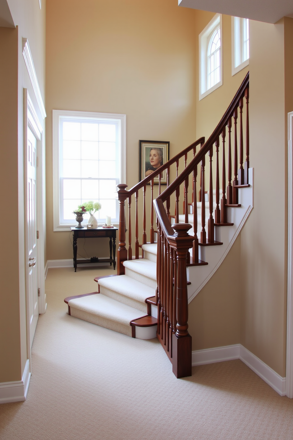 A traditional staircase design featuring soft neutral colors creates an inviting and timeless atmosphere. The staircase is adorned with elegant wooden balusters and a plush runner that complements the overall color scheme. The walls surrounding the staircase are painted in a warm beige, enhancing the natural light that filters in from nearby windows. Decorative elements such as framed artwork and a small console table at the landing add charm and character to the space.