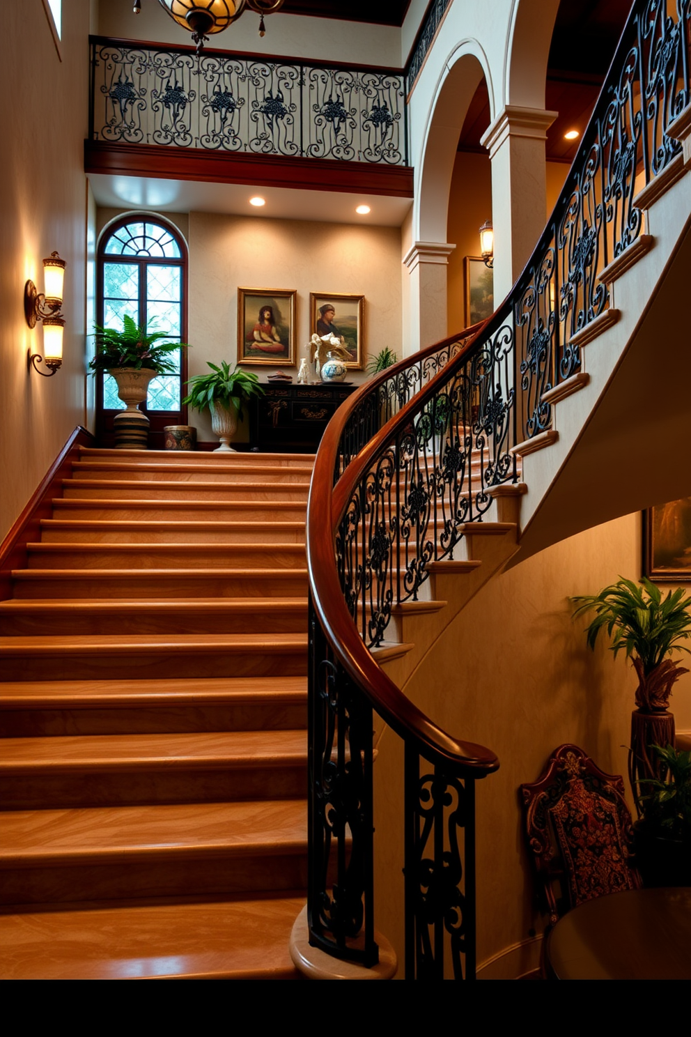 A grand staircase featuring polished stone steps that exude luxury and elegance. The balustrade is crafted from wrought iron with intricate designs, complementing the rich wood of the staircase landing. Soft ambient lighting highlights the polished surface of the stone, creating a warm and inviting atmosphere. Decorative elements such as potted plants and artwork line the walls, enhancing the traditional charm of the space.